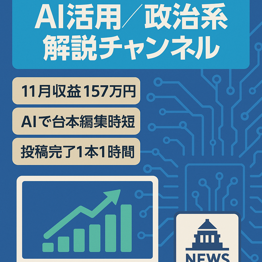 12/3 本日中締切【11月157万円達成】【AIでの時短で投稿完了まで1本1時間】右肩上がりの急成長中“政治系解説チャンネル”