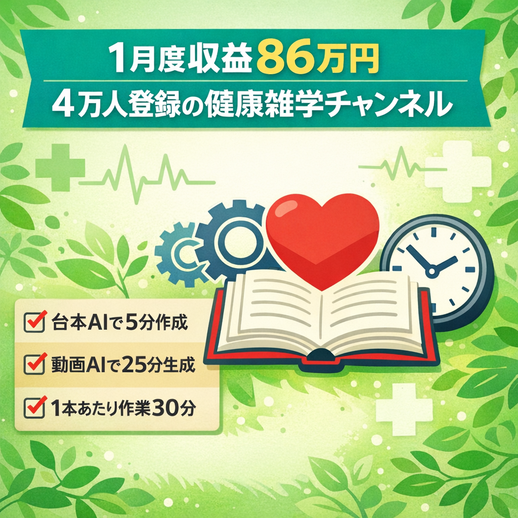 1月度収益86万円※登録者4万人超え、健康雑学チャンネル