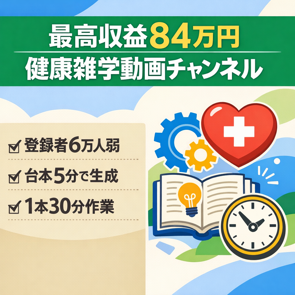 最高収益84万円※登録者6万人弱、健康雑学チャンネル