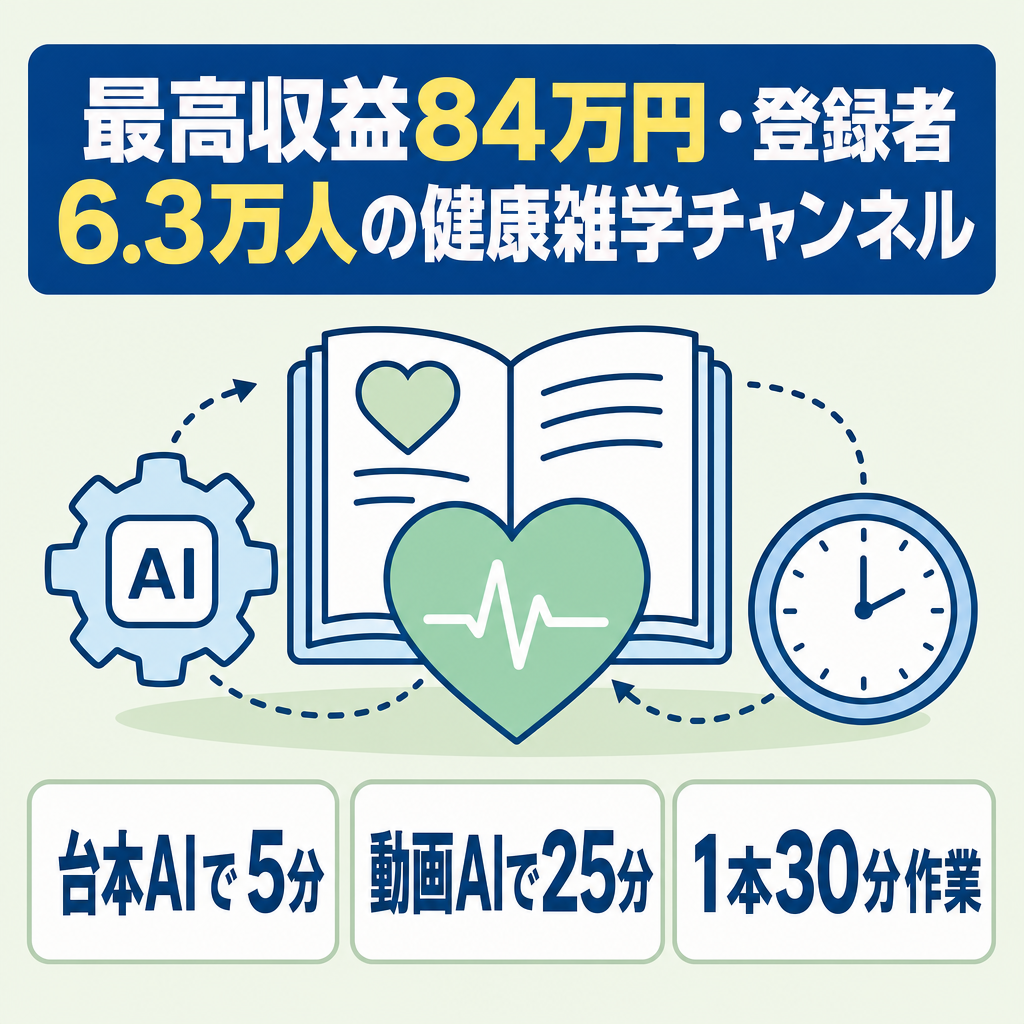 最高収益84万円※登録者6.3万人超、健康雑学チャンネル