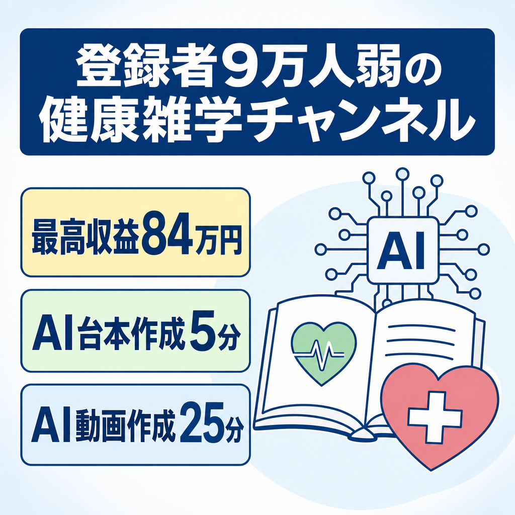 最高収益84万円※登録者9万人弱、健康雑学チャンネル