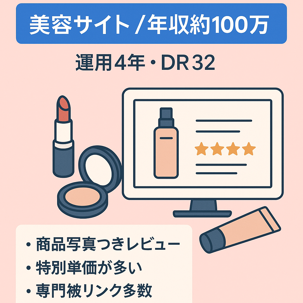 【年間収益約100万円】DR32!!運用歴4年超えの美容ジャンルサイト！メディア・広告主掲載多数
