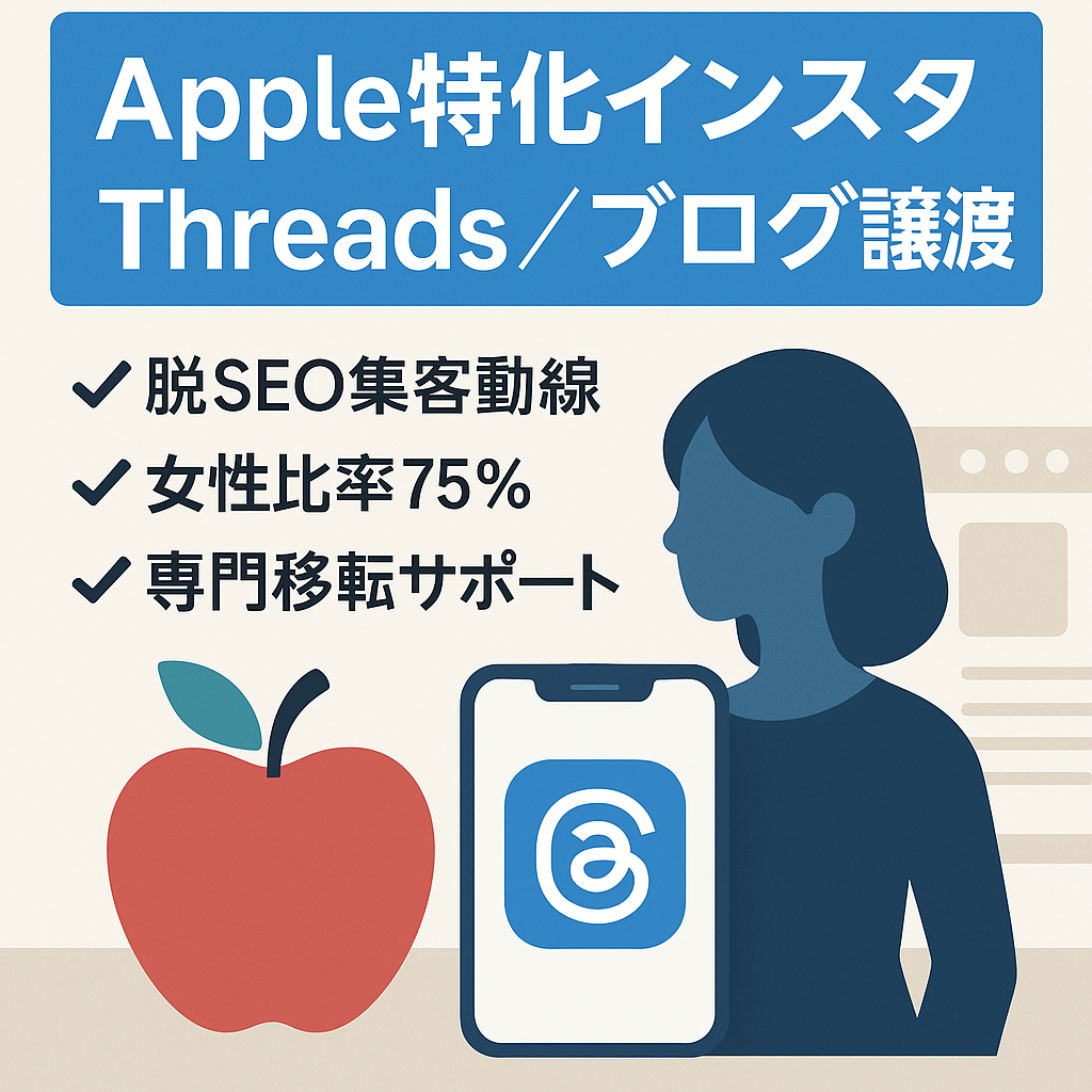 【脱SEO】Apple特化インスタ2万(月16万閲覧・女性75%)＋Threads4500＋ブログセット！