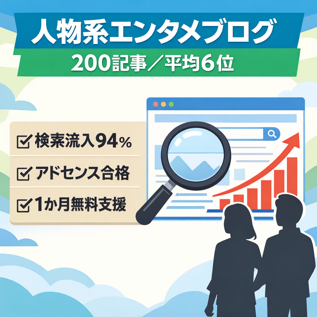 【平均掲載順位6位！200記事】人物メインのエンタメブログサイト！オーガニック検索流入94％/高速インデックス