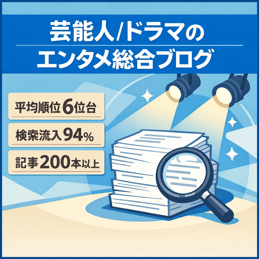 【オーガニック検索流入94％】芸能人・企業人・ドラマ等のエンタメ総合ブログ！平均掲載順位6位/200記事/インデックス早め