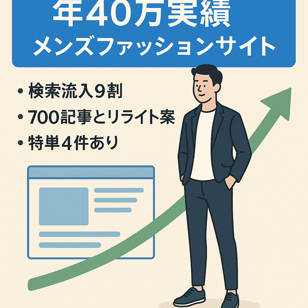 【DA23、記事数700以上、特単４件】年間40万円（2023年実績）のメンズファッションサイトです。メンテナンスでまだ伸びる余地あり