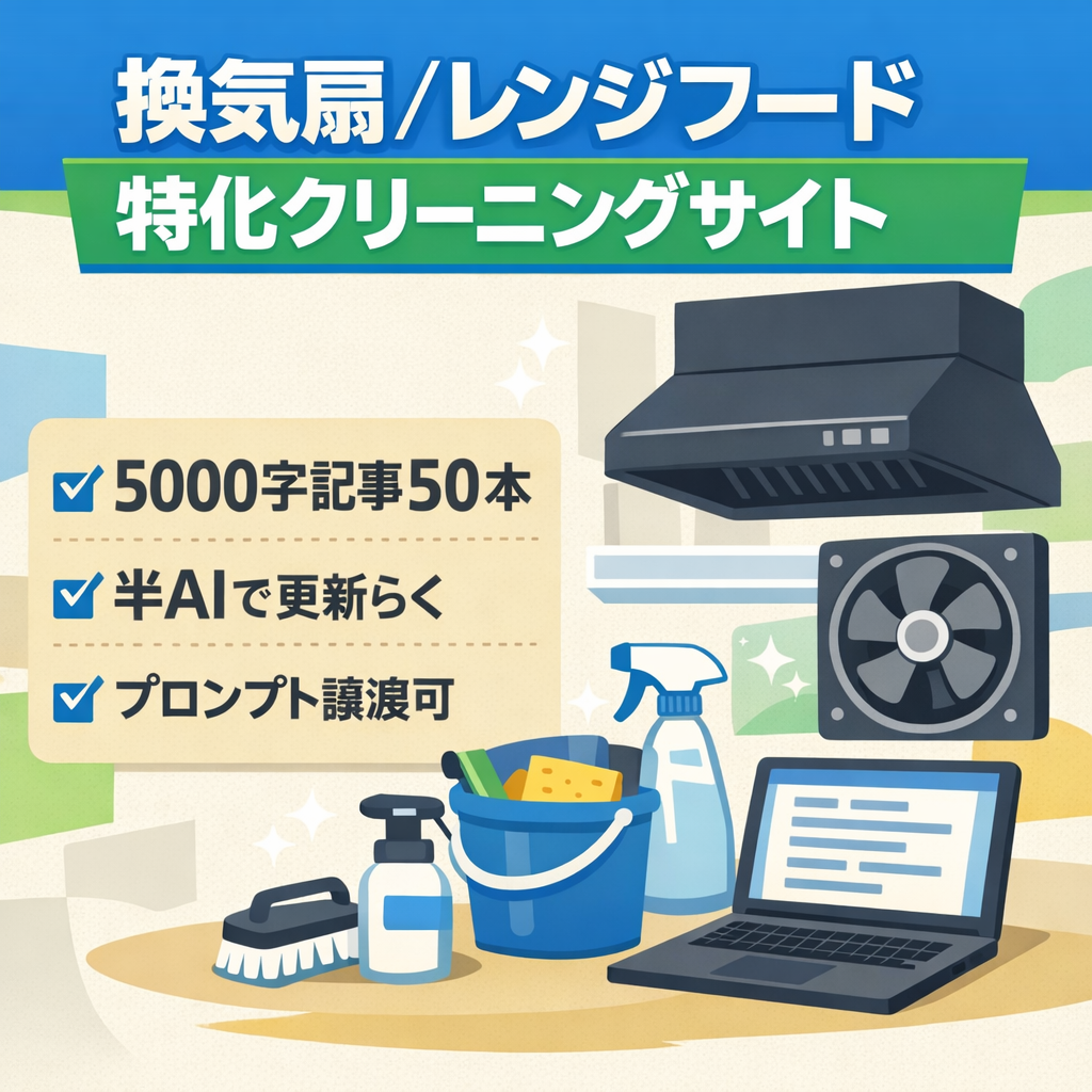5000字以上の50記事が入ったハウスクリーニング特化型（換気扇・レンジフード）のサイト！AIプロンプトの譲渡も可！