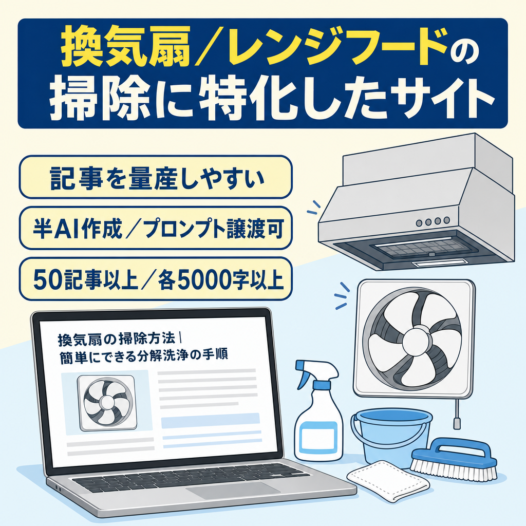 年末に向けて注目！50記事以上（1記事5000字以上）が入ったハウスクリーニング特化型（換気扇・レンジフード）のサイト！