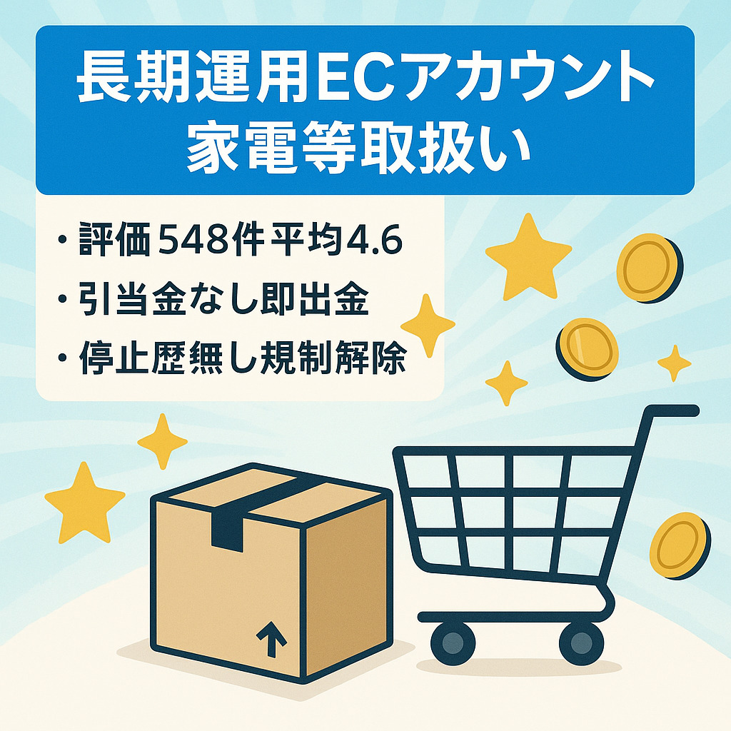 年末商戦に向けて EC事業 2015年～運用10年/総評価数548件/評価平均4.6/出品規制解除済あり/引当金なし/ 家電、コスメ、CD、 DVD、古本、ゲーム機、玩具・家電・CD 出品可