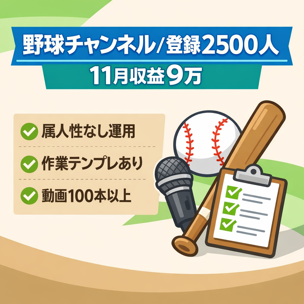 野球特化チャンネル（2500人）11月収益9万実績｜動画総数100本以上｜VOICEBOX使用｜属人性なし