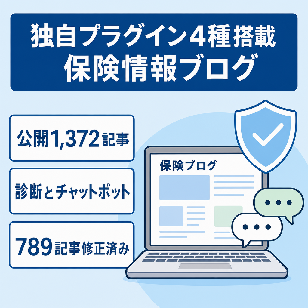 【公開1,372記事・789記事修正済】診断・チャット・更新管理・短文発信の独自プラグイン4種搭載｜保険ブログ