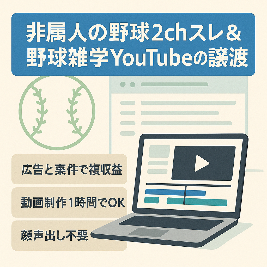 【最高収益54万円、平均収益42万円/月】非属人の野球2chスレ&野球雑学YouTubeの譲渡