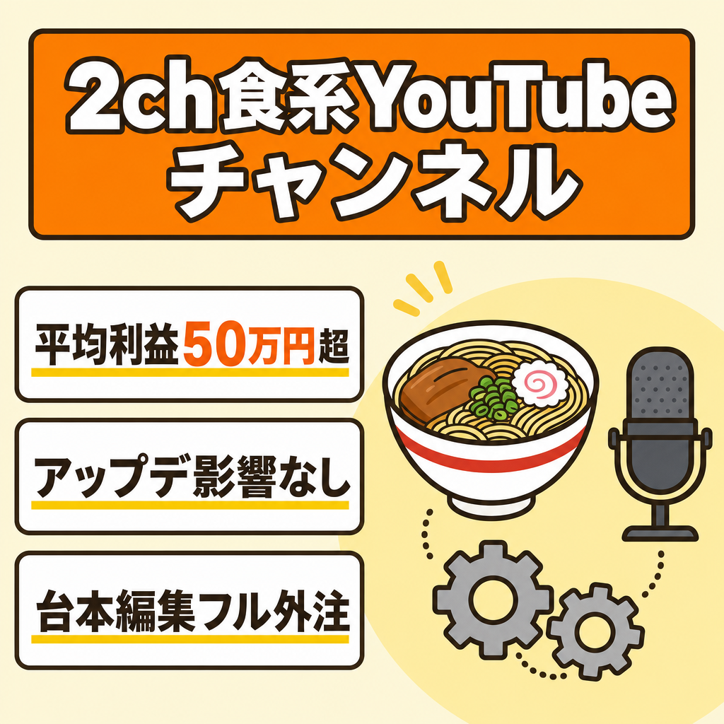 【平均利益50万円↑/外注制作体制完備】2ch食系YouTubeチャンネル
