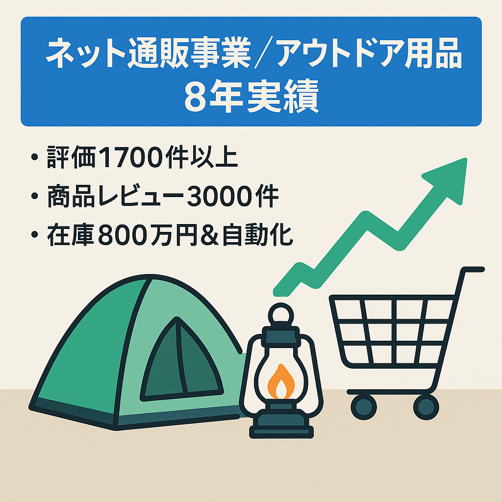 EC事業：8年間の販売実績！！！アウトドア用品！ショップ評価1700件以上！レビュー3000件以上のASINあり！1人運営・在庫800万円分付き・自動化済み