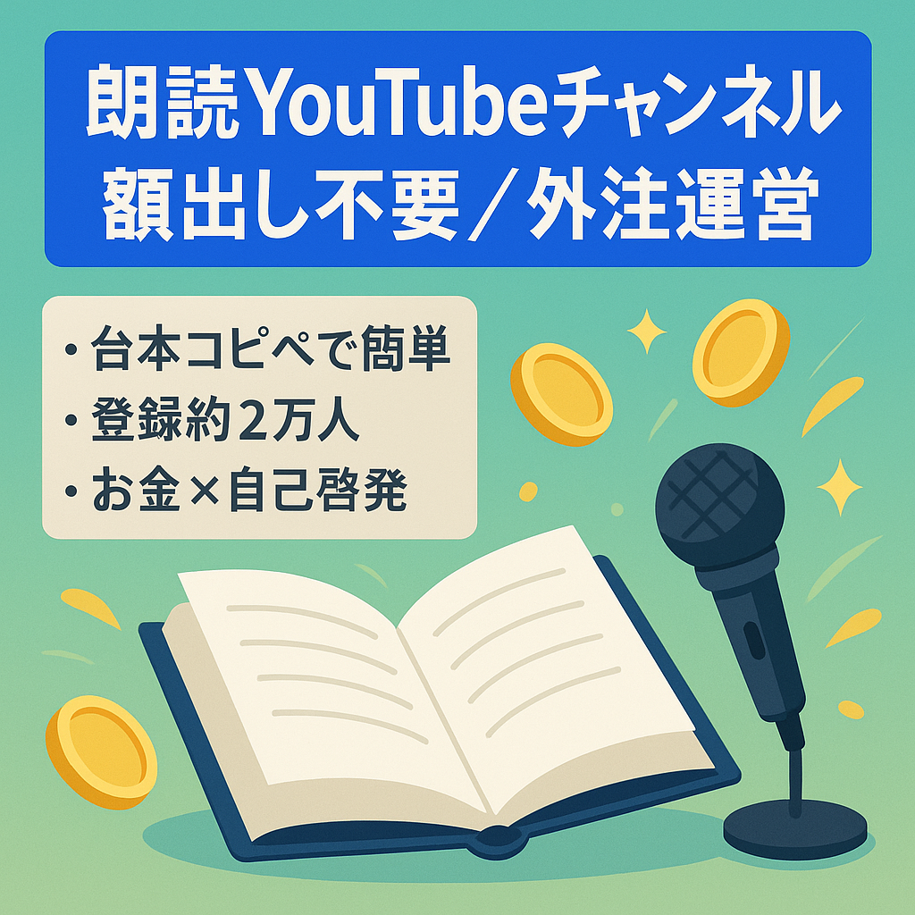 【最高月収48万・毎月20万円超】登録者約2万人！顔出し不要の朗読チャンネル！週2投稿・作業1日1時間半でフル外注も可能