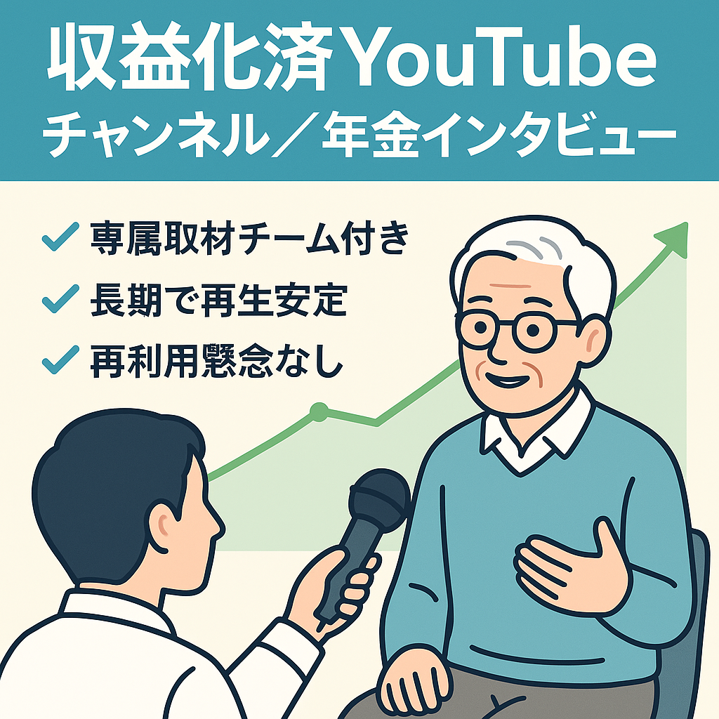 【収益化済 登録者数2700名】話題の年金インタビューch！伸び代あり⚫︎高単価⚫︎フル外注ch！