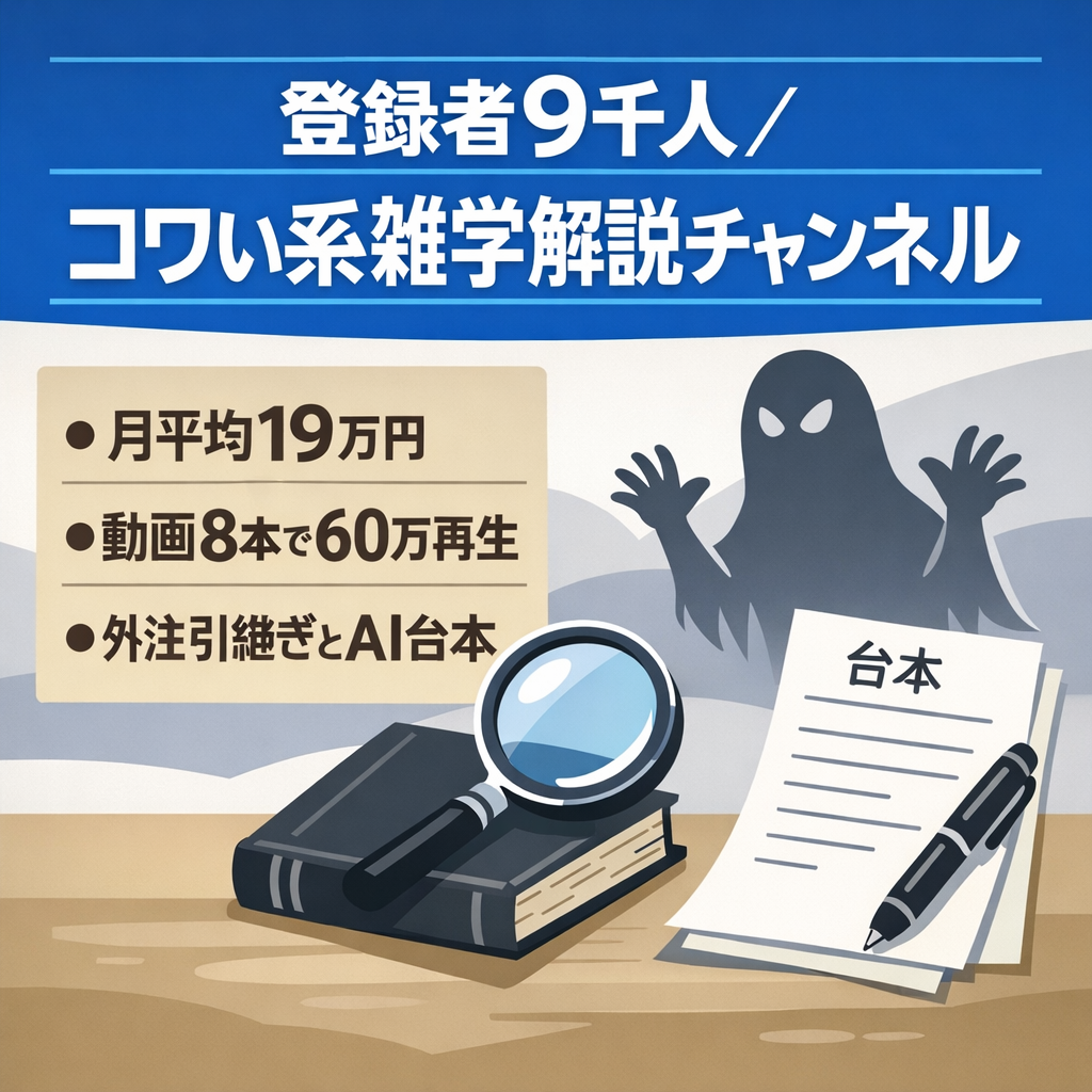 【月平均190,000】【動画8本で月最高60万再生】登録者9千人／コワい系雑学解説／スタッフ引継可／購入後サポート【外注＆台本作成AIマニュアル完備】