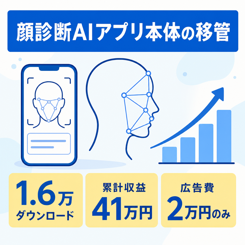 【収益40万円超・広告費2万円のみ】1.6万DLの顔診断アプリ| アプリ本体移管