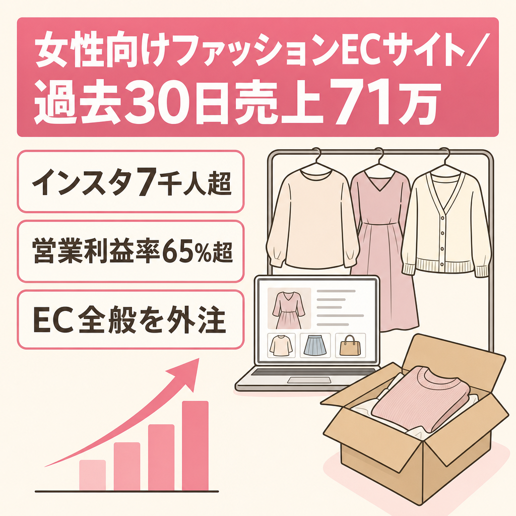 【女性向けファッションサイト】過去30日間の売上71万・営業利益50万　EC全般外注済み/SNS投稿はリポストのみ