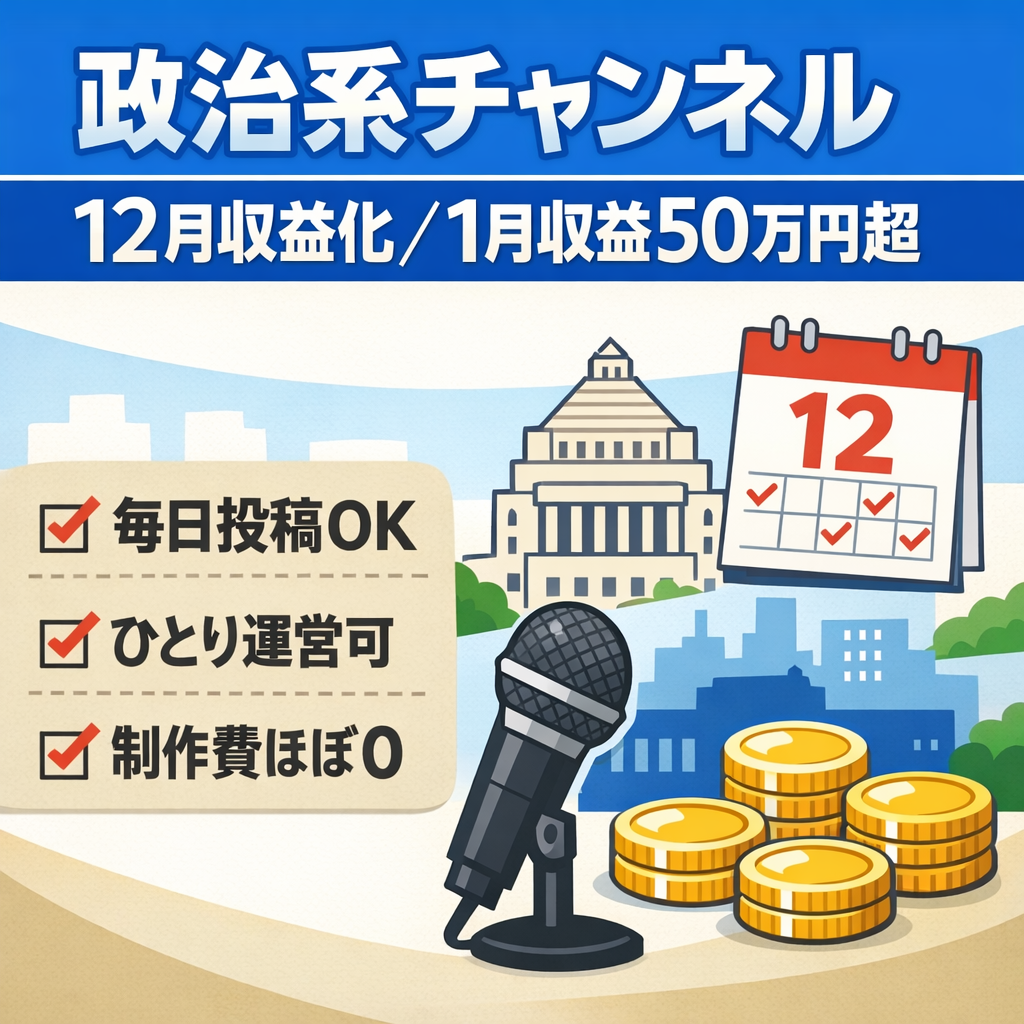 政治系チャンネル　12月収益化開始　1月収益50万円超え　収益化継続中