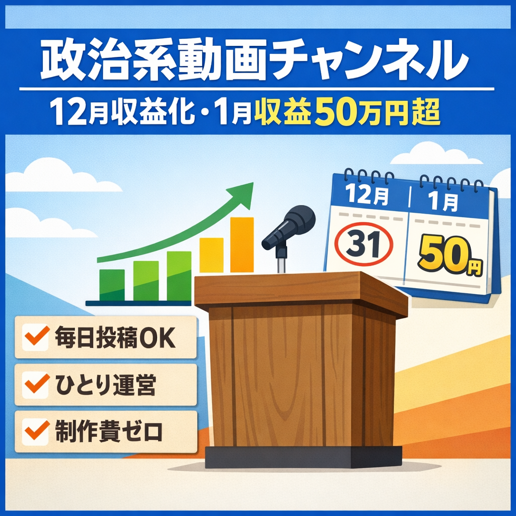 【破格】政治系チャンネル　12月収益化開始　1月収益50万円超え　収益化継続中