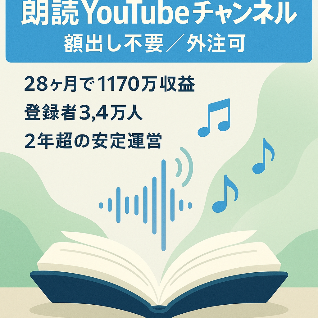 【28ヶ月収益1170万円達成/登録者3.4万人/2年間以上安定運営】顔出し不要の朗読YouTubeチャンネル【値段交渉歓迎/フル外注も可能】