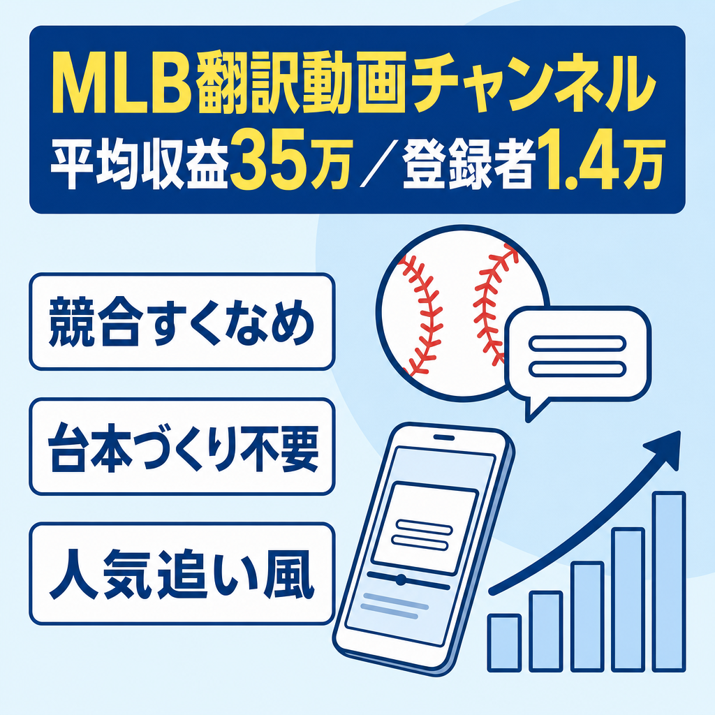 『平均収益35万』MLB翻訳動画YouTubeチャンネル『登録者14000人/値下げ交渉可能』