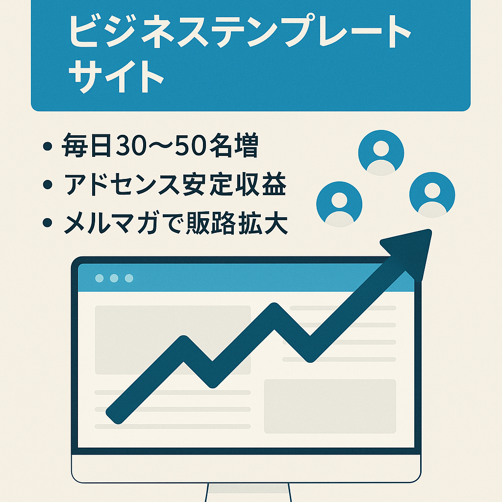 サイト会員6万人以上。毎日自動で30~50人の会員が増えていくビジネス系テンプレートサイト。アドセンス収益有り、自動ステップメールでファネル構築、商品販売可能