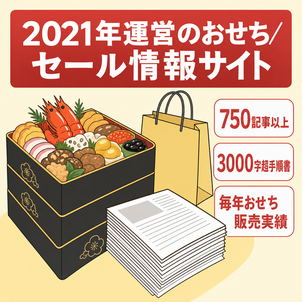 【おせち案件AIプロンプト付き】2021年1月から運営、記事数750以上。テーマはAFFINGER6。Amazonセール案件中心で、特におせち料理は毎年Amazonから売れるようになった