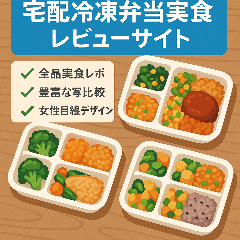 主に5社の宅配冷凍弁当実食の画像を多く取り入れた詳細なレビュー・比較記事のサイト