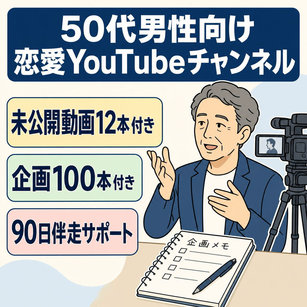 【未公開動画12本＋企画100本付き】50代男性向け恋愛YouTube｜制作ノウハウ・90日伴走で自走できるメディア事業