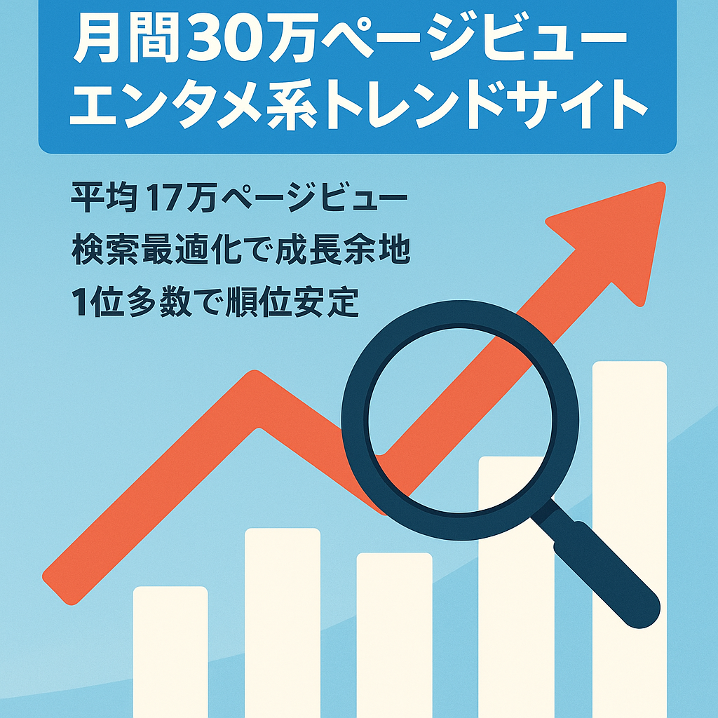 【月間30万PV超え実績有】上位表示キーワード多数でSEO高評価！右肩上がりのエンタメ系トレンドサイト！