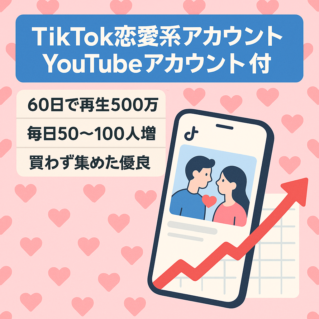 【60日間再生数500万回・TikTok1万人以上！！】4月開設急成長中！直近1日50~100FWペースで継続増加中!恋愛系ジャンル　YouTubeアカウントおまけ付