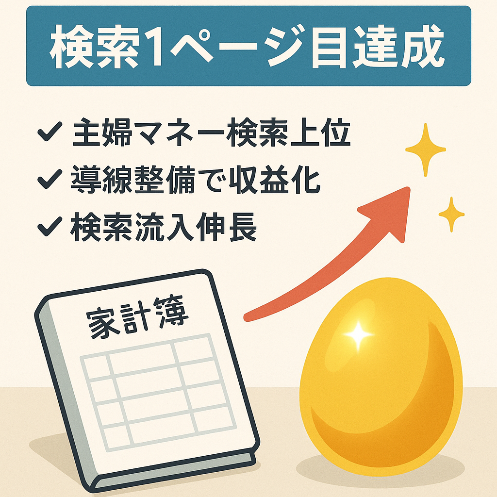 【1ページ目達成】お金持ちになりたい主婦に向けた特化サイト！マネタイズ次第で金の卵