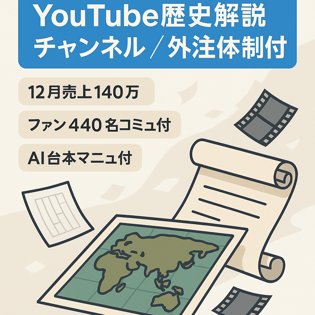 【12月売上140万円】動画作成マニュアルと台本作成外注2名、動画編集外注2名引き継ぎ・ゆっくり解説 歴史系チャンネル【登録者4.4万人以上】