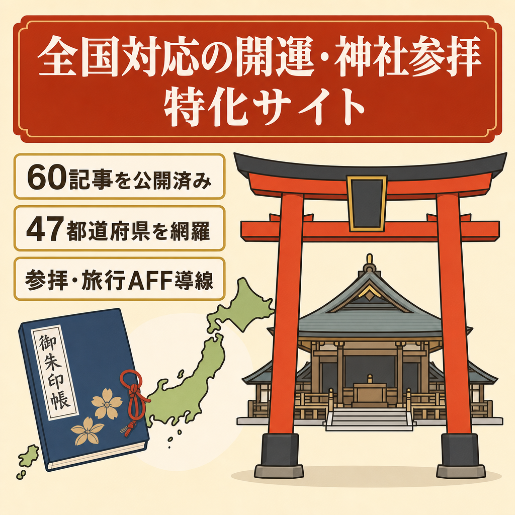 【引継サポート】開運・神社参拝特化サイト（金運・仕事運）｜60記事｜全国47都道府県カバー｜SEO最適化済み｜旅行・参拝グッズ・占いAFF高親和性