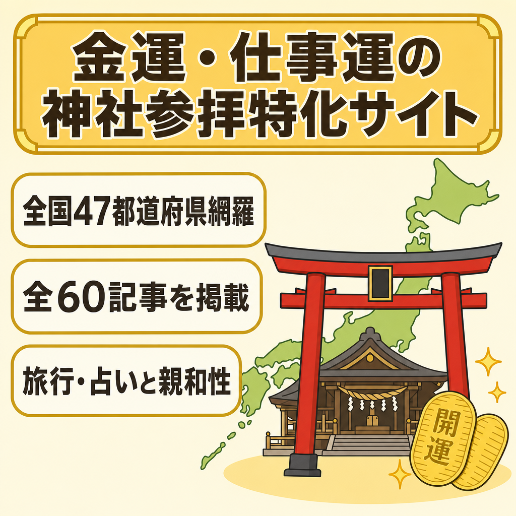 値下げ実施！【引継サポート】開運・神社参拝特化サイト（金運・仕事運）｜60記事｜全国47都道府県カバー｜SEO最適化済み｜旅行・参拝グッズ・占いAFF高親和性