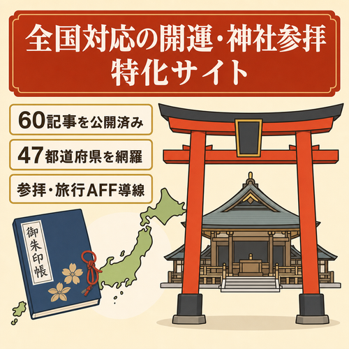 【引継サポート】開運・神社参拝特化サイト（金運・仕事運）｜60記事｜全国47都道府県カバー｜SEO最適化済み｜旅行・参拝グッズ・占いAFF高親和性