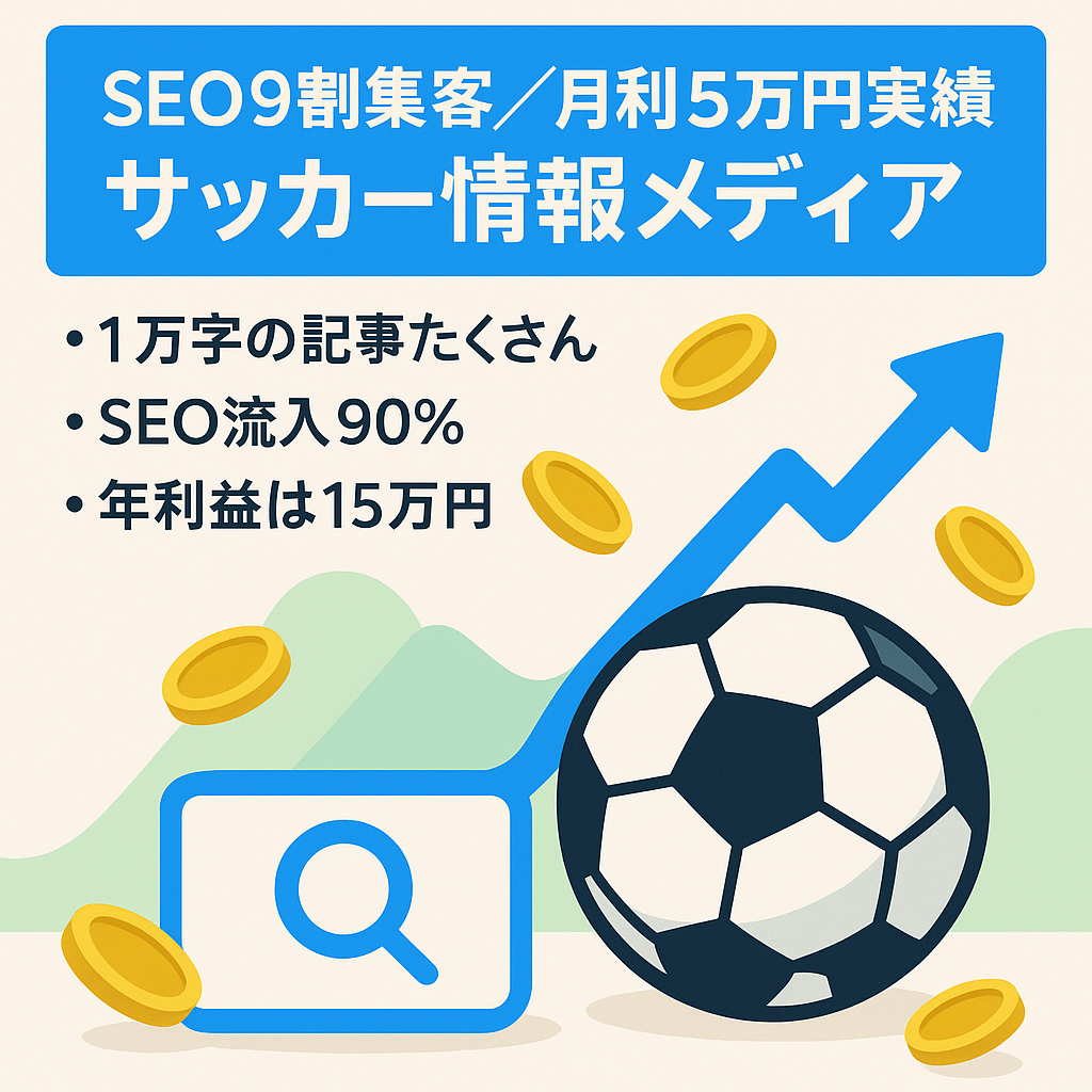 【月間利益5万円以上の過去実績あり】アクセスの90％以上がSEO集客のサッカー情報メディア