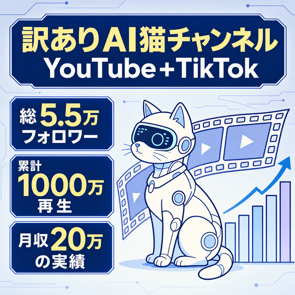 訳あり：【総フォロワー5.5万】AI猫チャンネル｜YouTube2.5万＋TikTok3万セット｜再生1,000万超の実績・休眠中