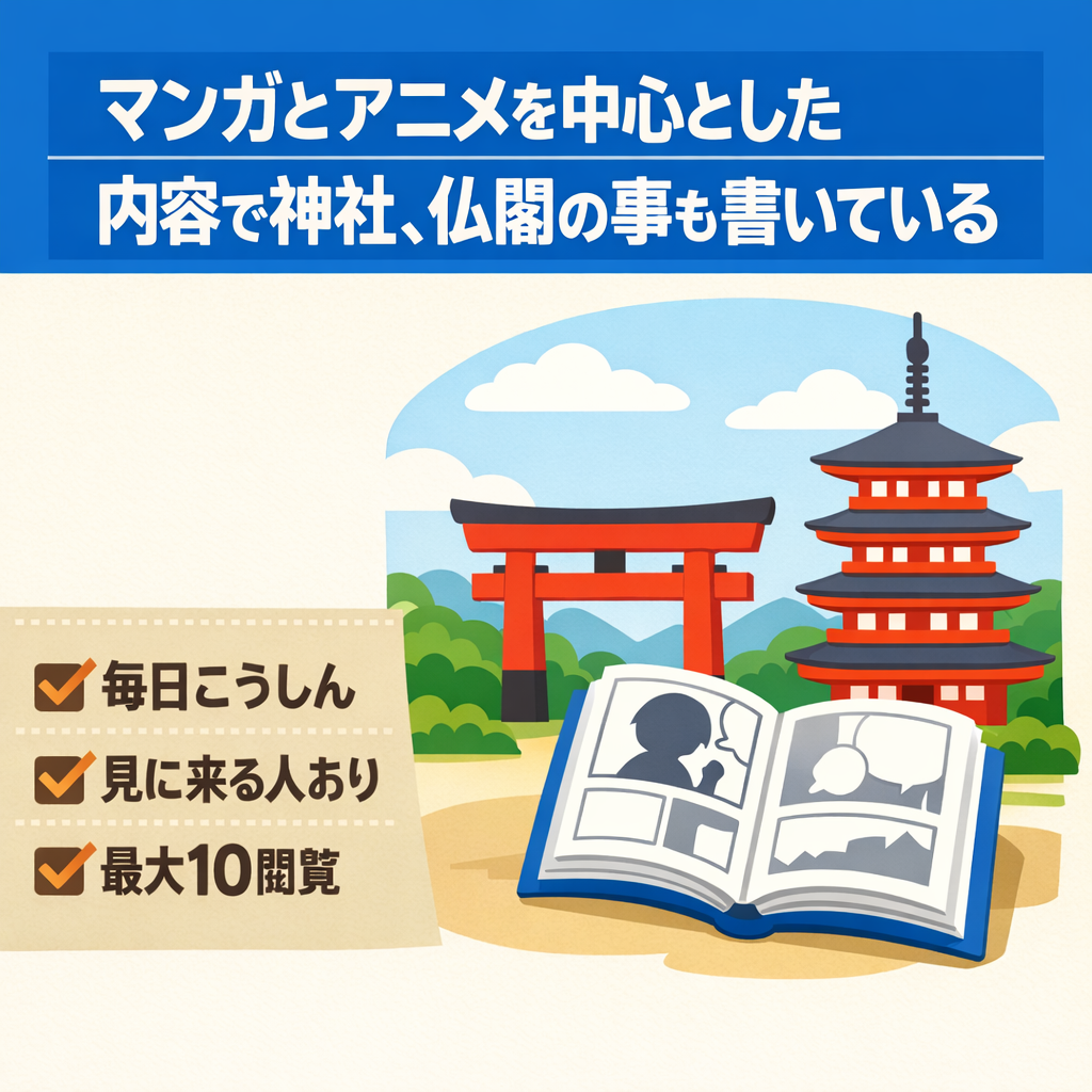 マンガとアニメを中心とした内容で神社、仏閣の事も書いている