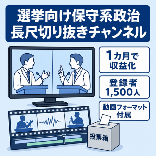 【１ヶ月で収益化達成】今後の選挙用に！保守系政党政治系切り抜きチャンネル！長尺動画で広告単価も高め、登録者1500人!切り抜き動画のフォーマットもお渡しします！