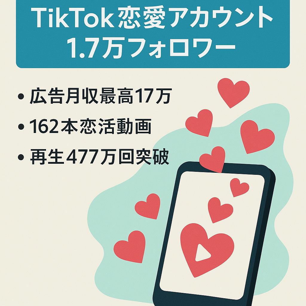 恋愛系tiktok約17000フォロワー【Creator Rewards Program最高月利17万 総利益7ヶ月で64万】【即収益化可】やり方次第では他のマネタイズ可。最高再生477万