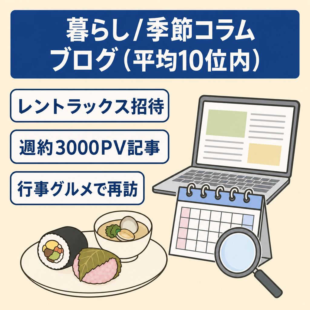 【可愛いサムネ/平均順位10位以内】レントラックススカウト&他ブログで週約3000pvプチバズ記事！暮らし・季節のオリジナルコラム集