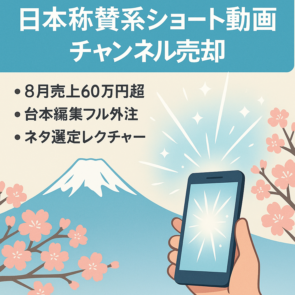 8月売上約60万円超！ショート専門の日本称賛系チャンネル！※お1人で運営可能です！