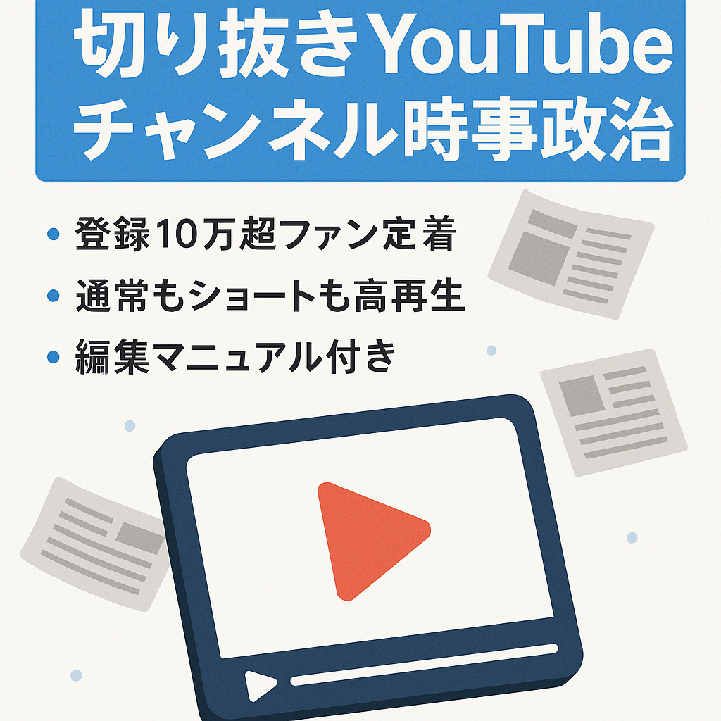 【登録者10万人↑総再生数1.6億回↑】非属人/顔・声出し撮影一切不要/フル外注化可能/切り抜きYouTubeチャンネル(時事・政治系)