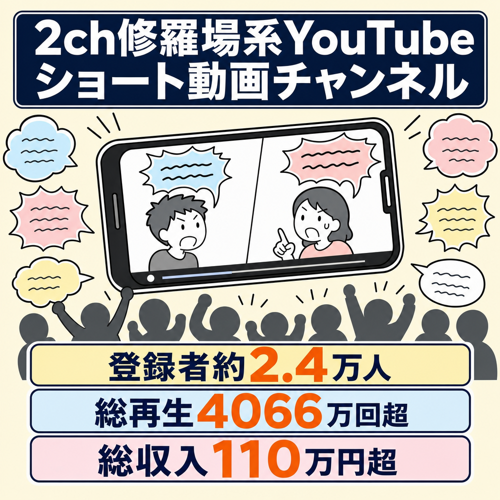 【収益化済/高品質！】登録者約2.4万人！2023年12月に最高月収約31万円！2ch修羅場系YouTubeショート動画チャンネル