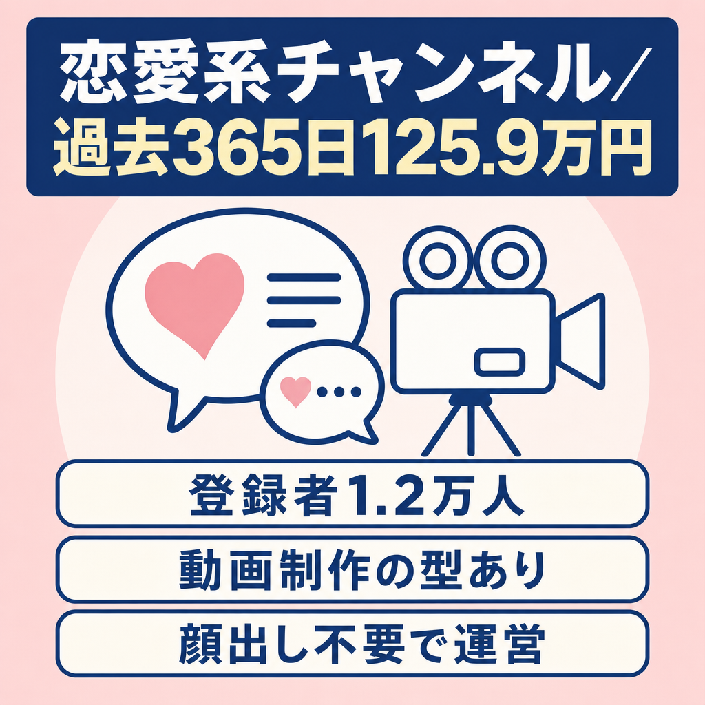 【属人なし・恋愛ジャンル・登録者1.2万人 】 2026/9月時点で過去 365 日間￥1,259,503円恋愛系なのでネタは豊富