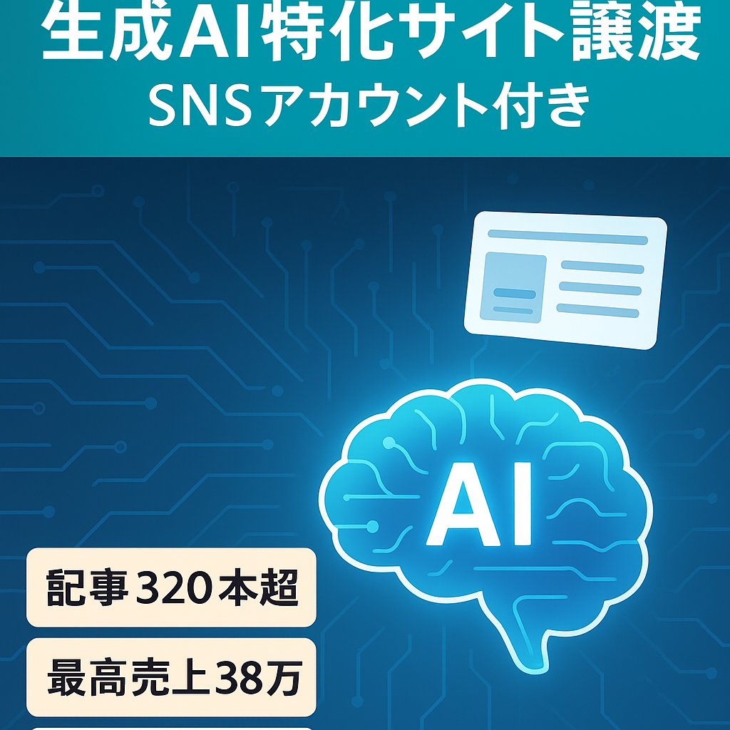 【最終値下げ！】生成AI特化サイト(320記事以上)【最高売上】月38万！【最高PV】月約25万！Youtubeアカウント(約3000人)・note等アカウントなどを譲渡します