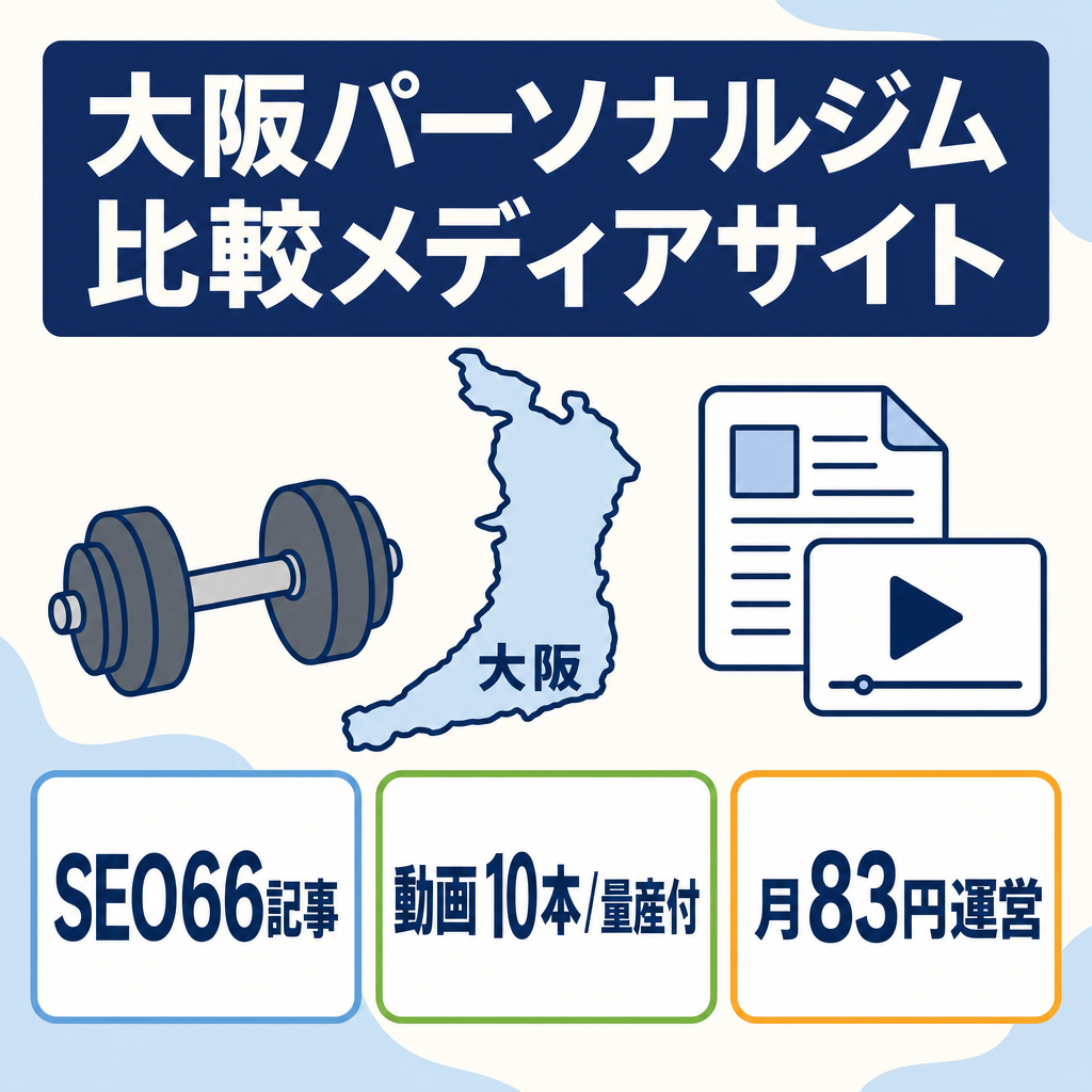 【SEO66記事・インデックス60件・動画10本】大阪パーソナルジム比較メディア｜ASP16社提携済・Remotion動画量産システム付